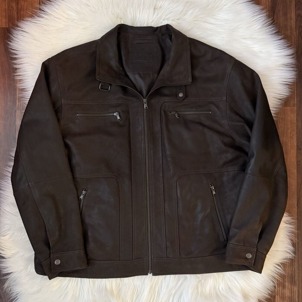Roundtree & Yorke Brown Leather Jacket XXL Lamb Skin Pockets Zip Front Y2K Dress